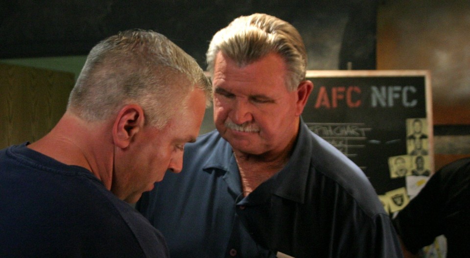 Wiring up ESPN analysts Mike Ditka for a commercial